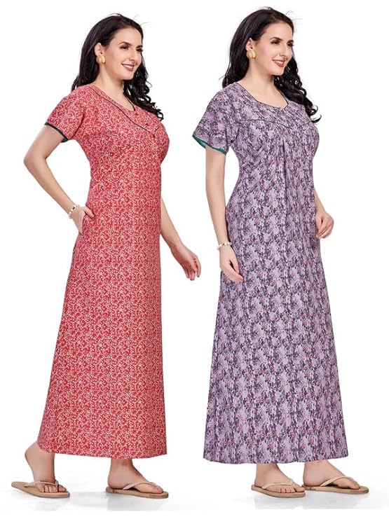 Women's Cotton Printed Nighty Night Gown Maxi | Nighty Dress with Pocket, Super Soft Comfortable | Rajasthani and Jaipuri Gown Maxi