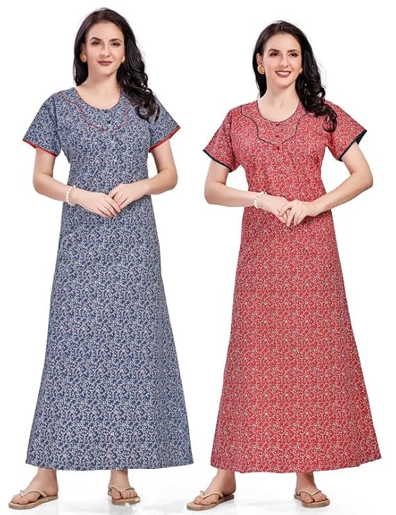 Women's Cotton Printed Nighty Night Gown Maxi | Nighty Dress with Pocket, Super Soft Comfortable | Rajasthani and Jaipuri Gown Maxi