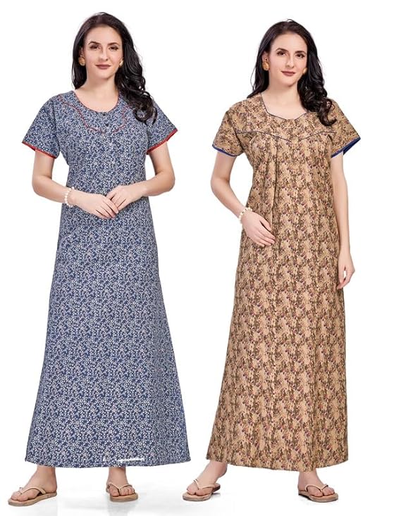 Women's Cotton Printed Nighty Night Gown Maxi | Nighty Dress with Pocket, Super Soft Comfortable | Rajasthani and Jaipuri Gown Maxi