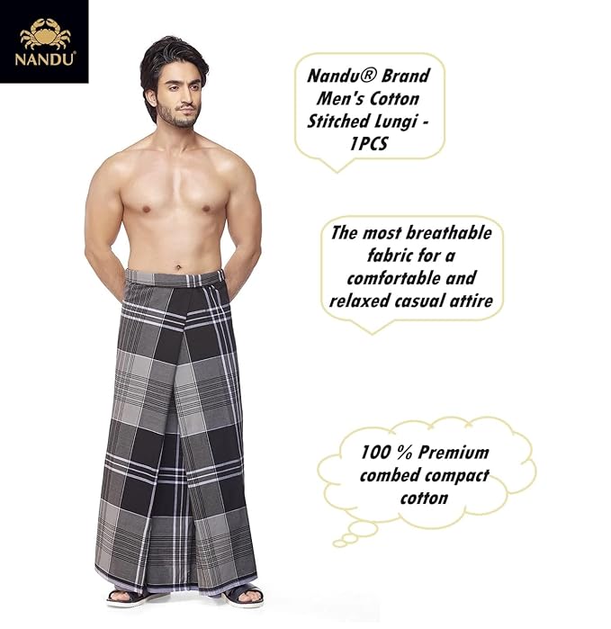 Nandu  Brand Men's Cotton Stitched Lungi (Pattern May Vary, Multicolour, Free Size) - Pack of 1