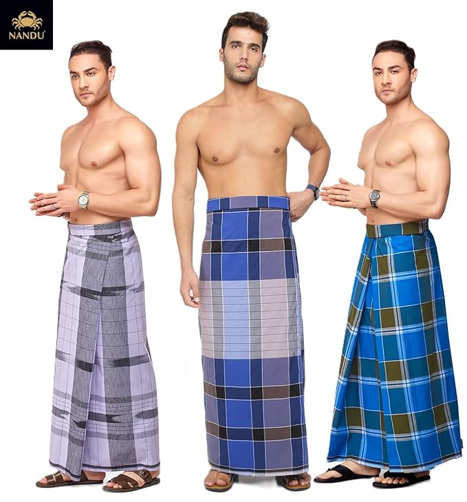 Nandu  Brand Men's Cotton Stitched Lungi - Ready to wear (Pattern & Design May Vary, Multicolour, Free Size (2.10Mtrs)) Premium Wear (PACK 3)