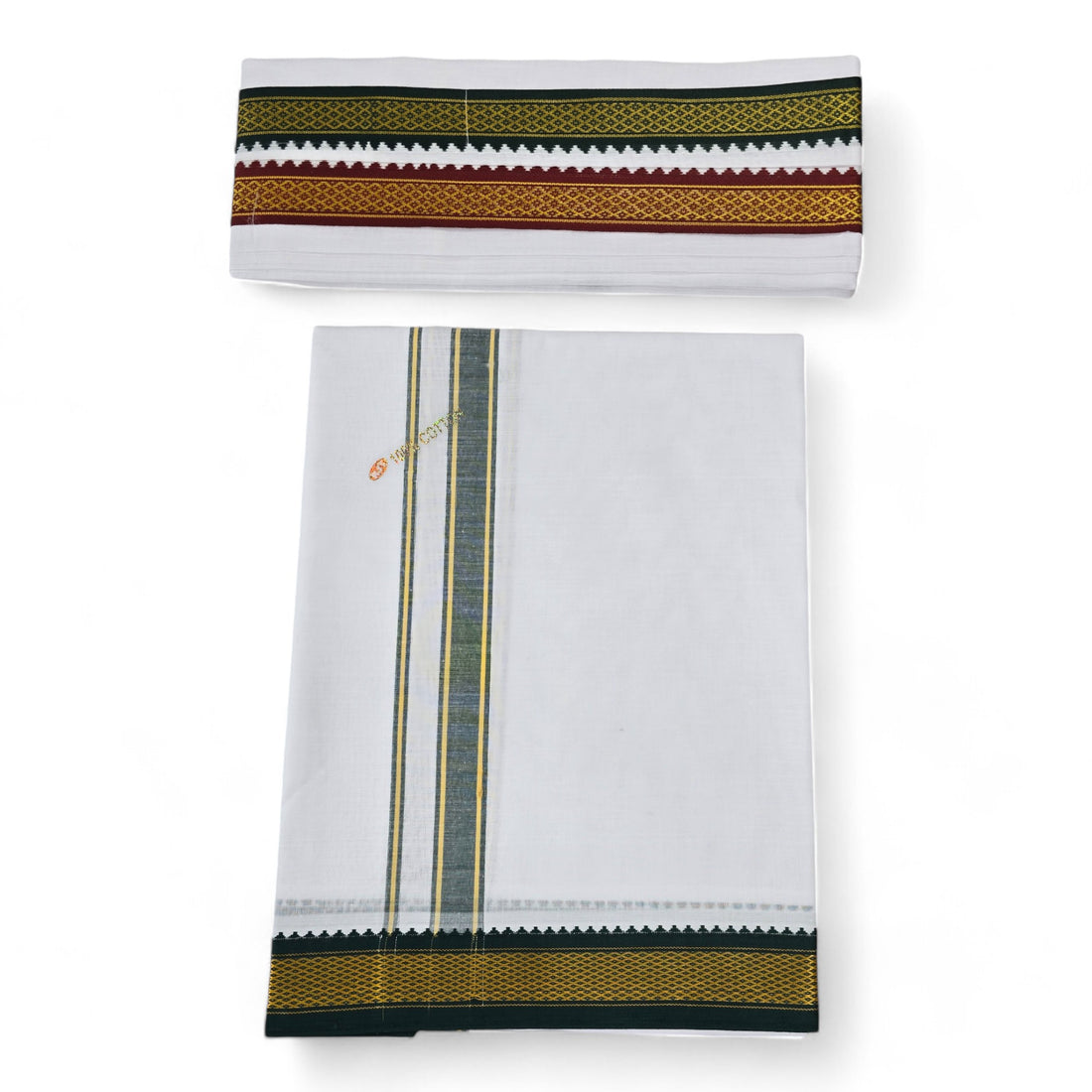 Men's Traditional Pure Cotton Thalapathy Mayilkann Ganga Jamuna Border Bleached, Men Dhoties,  Towel