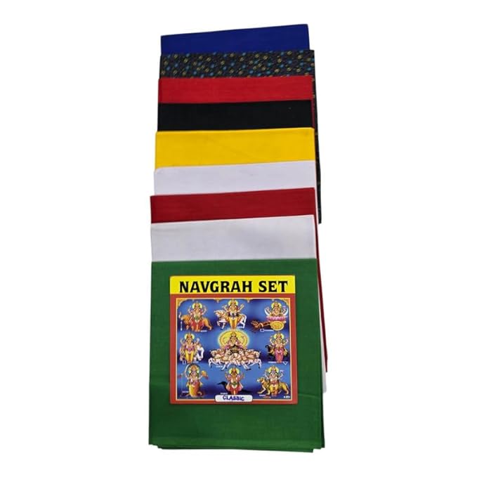Navagraha Cloth Set for Navagraha Shanti Pooja - 1 MTR Navagraha Cotton Cloths for Temple Hindu God Pooja | Puja Kapda Vastra Cloth for MANDIR Temple (Multicolor, Pack of 9)