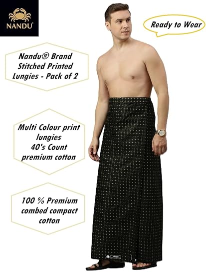 NANDU  Brand Men's Cotton Stitched Printed Lungies - 2pcs Pack (Multicolour, Colour May Vary, Free Size)