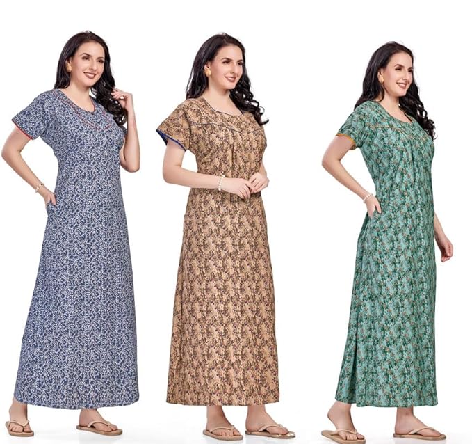 Women's Cotton Printed Nighty Night Gown Maxi | Nighty Dress with Pocket, Super Soft Comfortable | Rajasthani and Jaipuri Gown Maxi