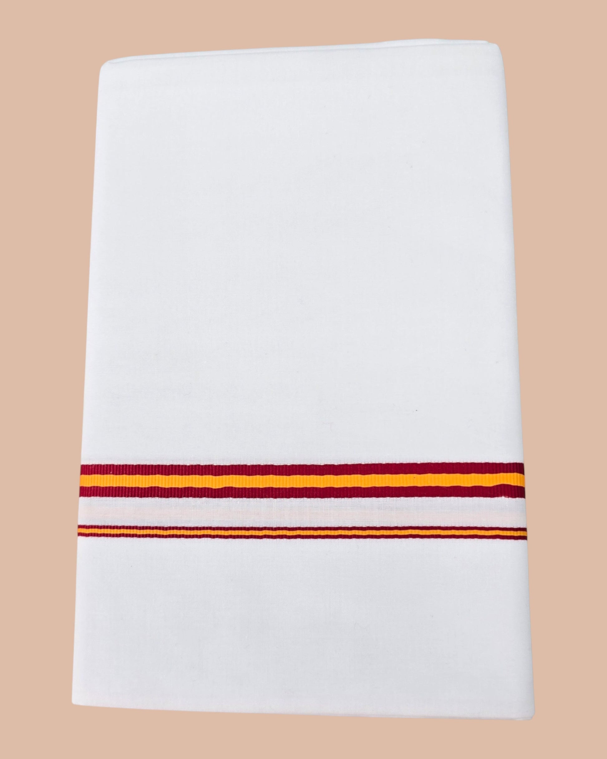 Ambika Stores white dhoti with red and yellow striped border, ideal for political rallies and campaigns.