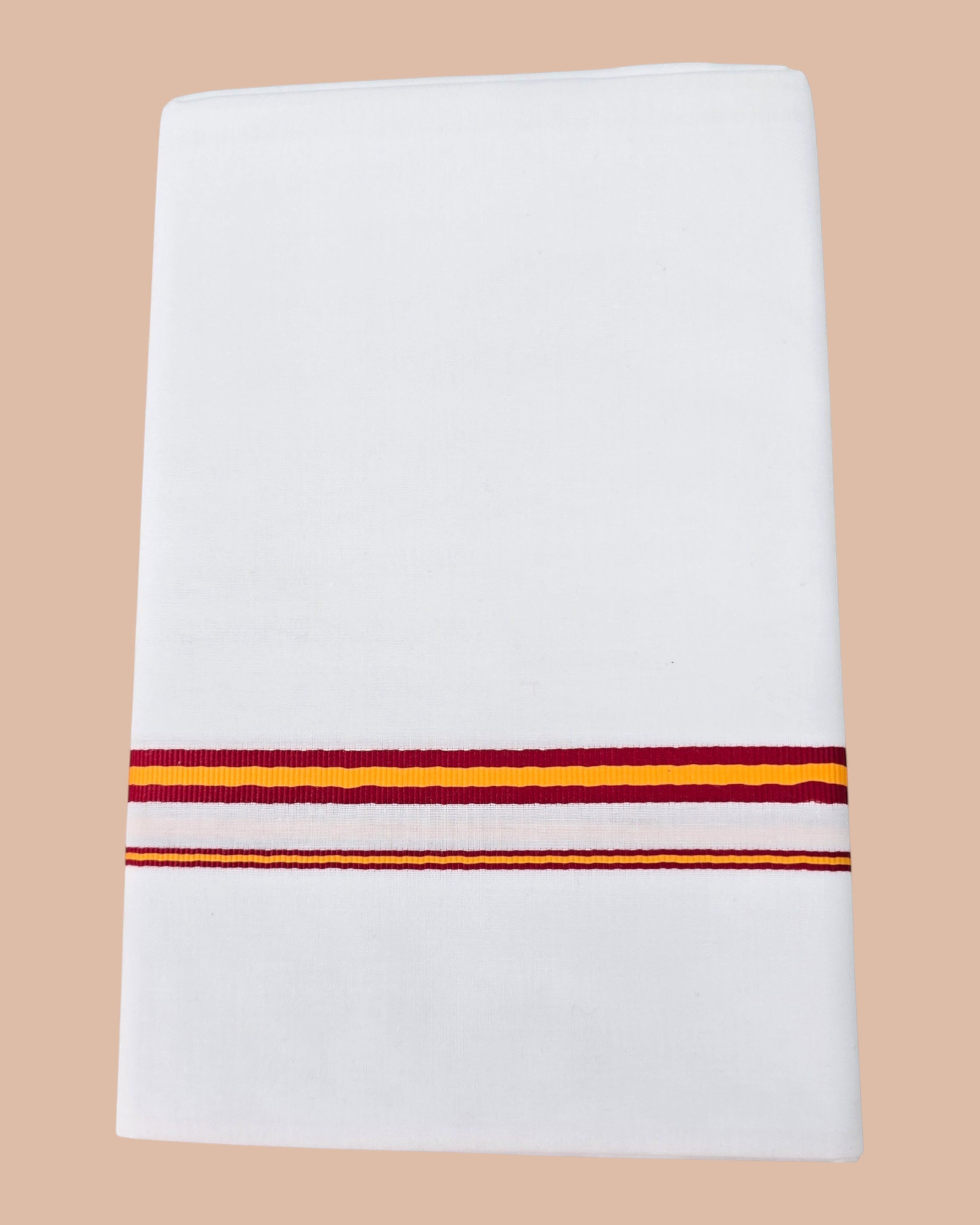 Ambika Stores white dhoti with red and yellow striped border, ideal for political rallies and campaigns.