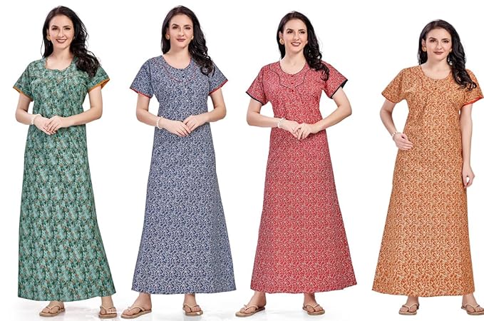 Women's Cotton Printed Nighty Night Gown Maxi | Nighty Dress with Pocket, Super Soft Comfortable | Rajasthani and Jaipuri Gown Maxi