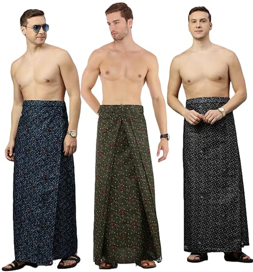 Nandu  Brand Men's Cotton Stitched Printed Lungies - Pack of 3 (Multicolour, Colour May Vary, Free Size)