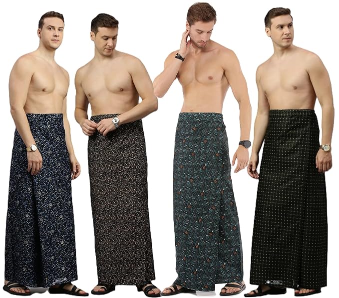 NANDU  Brand Men's Cotton Stitched Printed Lungies - 2pcs Pack (Multicolour, Colour May Vary, Free Size)