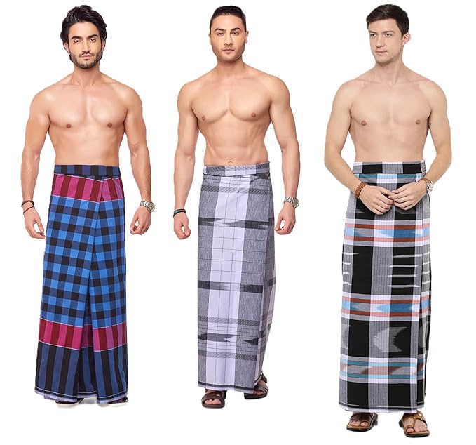 Nandu  Brand Men's Cotton Stitched Lungi - Ready to wear (Pattern & Design May Vary, Multicolour, Free Size (2.10Mtrs)) Premium Wear (PACK 3)