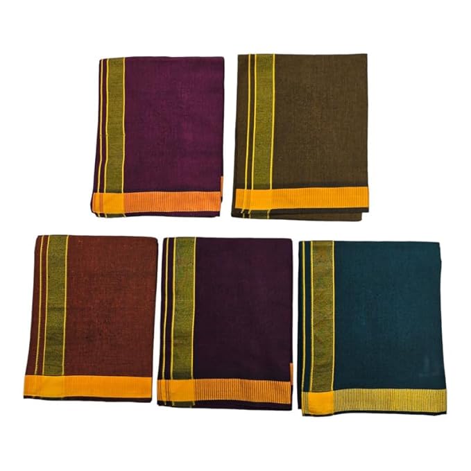 Men's Pure Cotton Colorful Dhotis with Gold Border - Size 2 MTR Single Dhoti- 4 Muzham | Dhoti for Puja, Festivals, Religious and Casual Home Wear