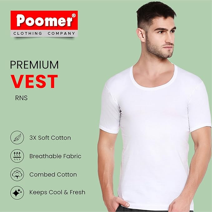 Poomer Premium Cotton Pure White Vest for Mens - Pack of 4