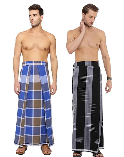 Nandu Brand Men's Cotton Stitched Lungi (Pattern May Vary, Multicolour, Free Size) - Pack of 2