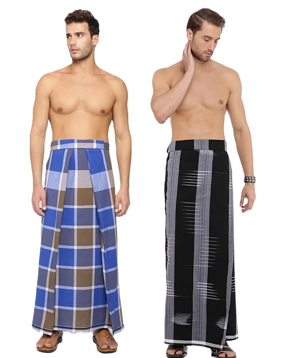 Nandu  Brand Lungi - Pack of 2# Stitched Lungi Ready to wear # Design May Vary # Multicolour # Free Size # 2.10Mtr #