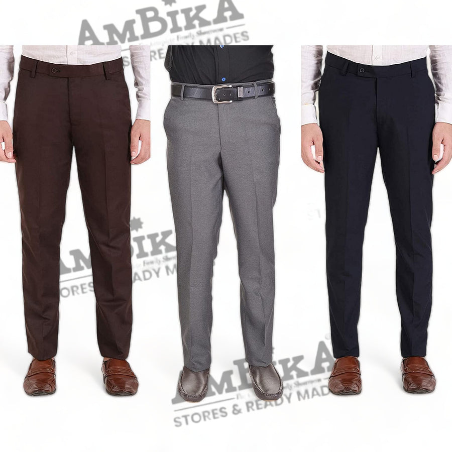 Men's Formal Trousers (Pack of 3) [BROWN,GREY,NAVY BLUE]