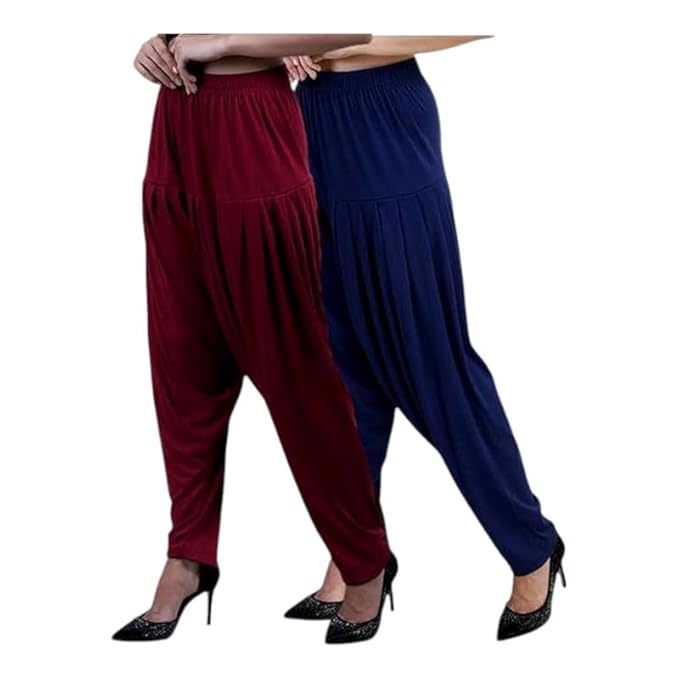 Women's Relaxed Fit Cotton Viscose Lycra Dhoti Patiyala Salwar Harem Bottoms Pants for Women's (PACK 2)