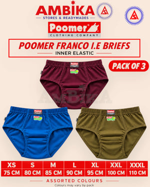Poomer® Men’s Cotton Inner Elastic Briefs – Pack of 3, Assorted Colours