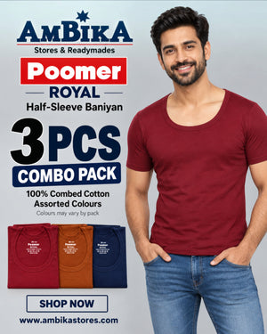 Poomer Men's Cotton Half-Sleeve Baniyan Vests – Pack of 3, Assorted Colours