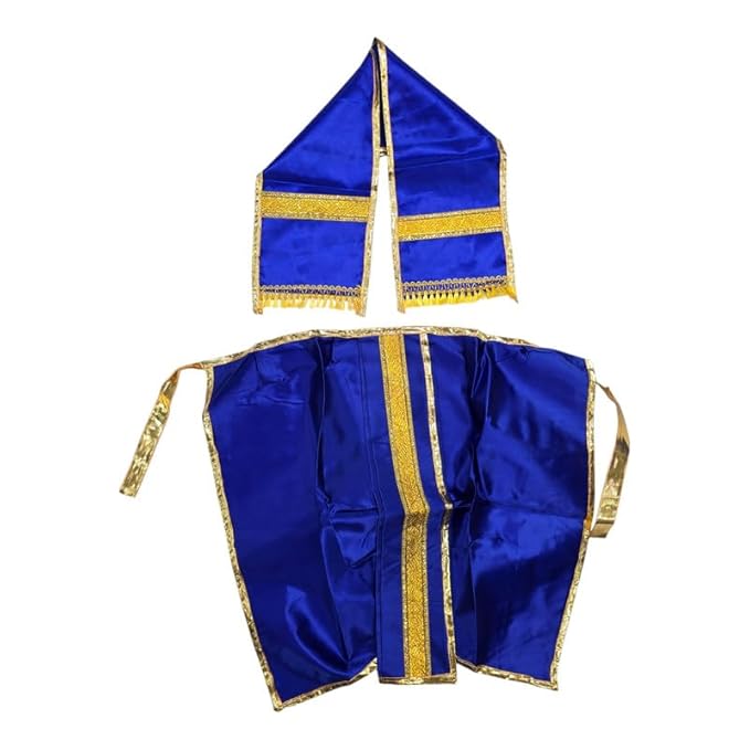 Ganesh Ji & Standing Krishna Idol Panchakacham Dhoti Towel Dress Set Blue