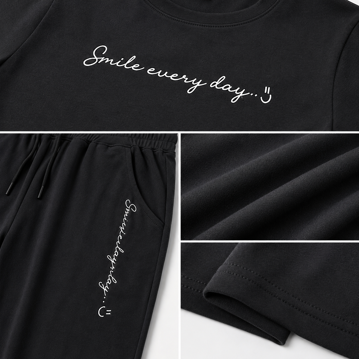 Close-up of black women's lounge co-ord set fabric, waistband, pockets, stitching and embroidered-style text details