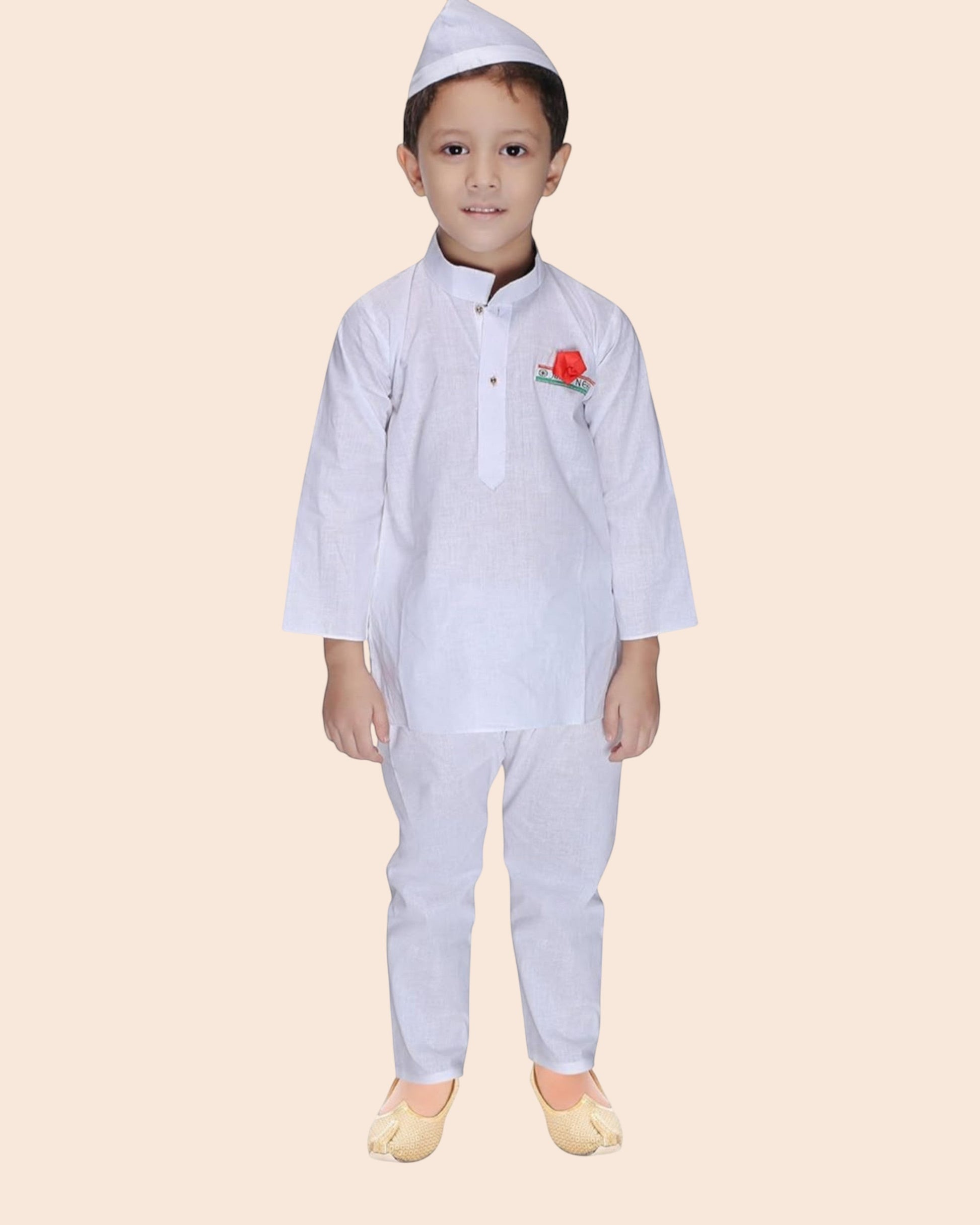 Ambika Stores kids Jawaharlal Nehru fancy dress costume featuring a white kurta pajama, Nehru cap, and red rose pin.