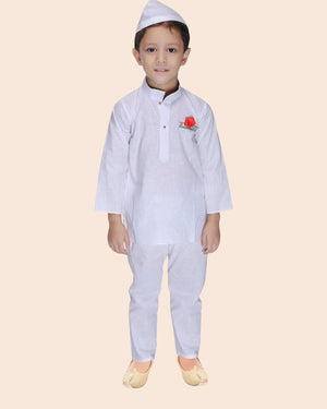 Kids Jawaharlal Nehru Fancy Dress Costume – White Kurta Pajama with Nehru Cap and Rose Look
