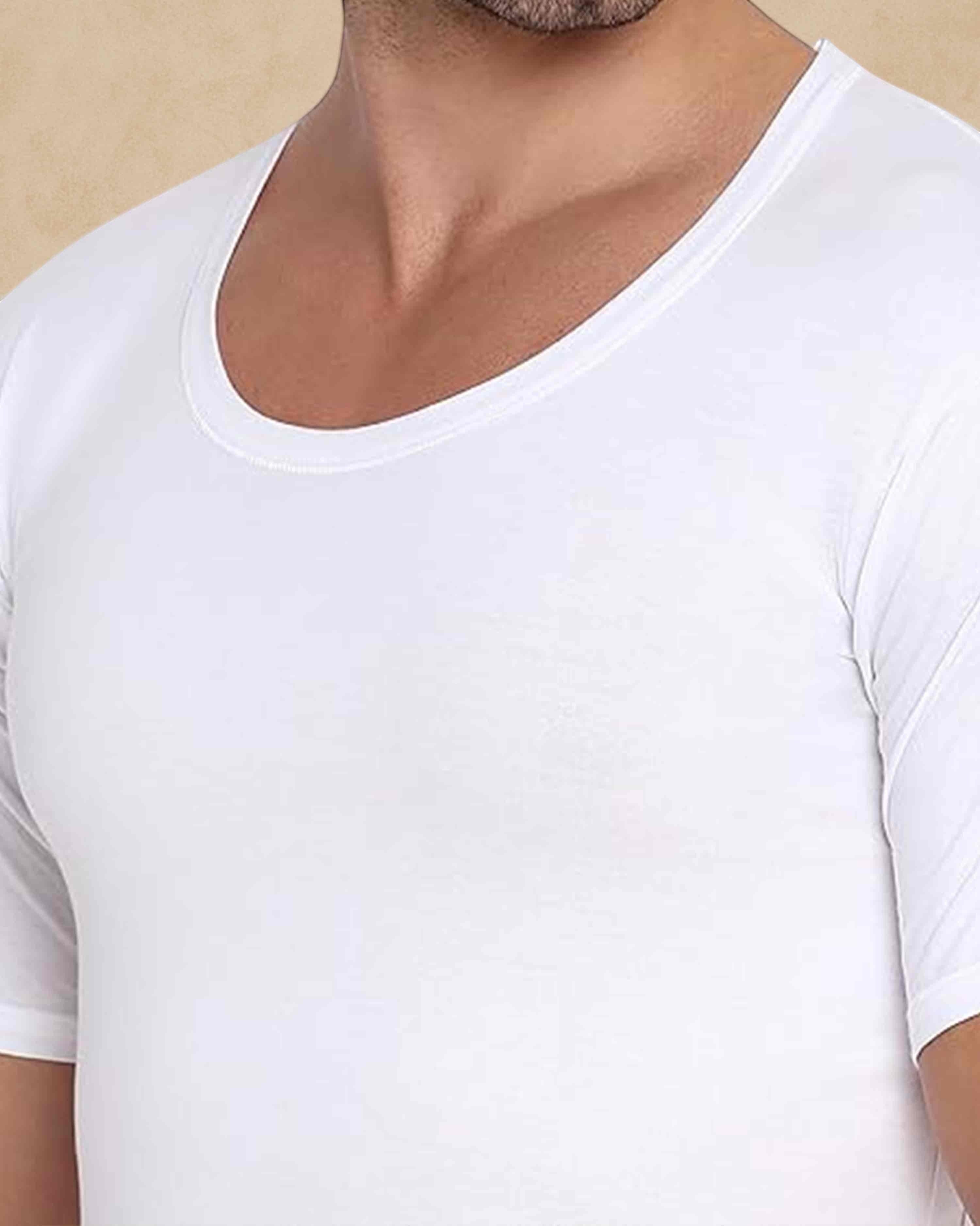 Poomer men's white cotton half sleeve baniyan
