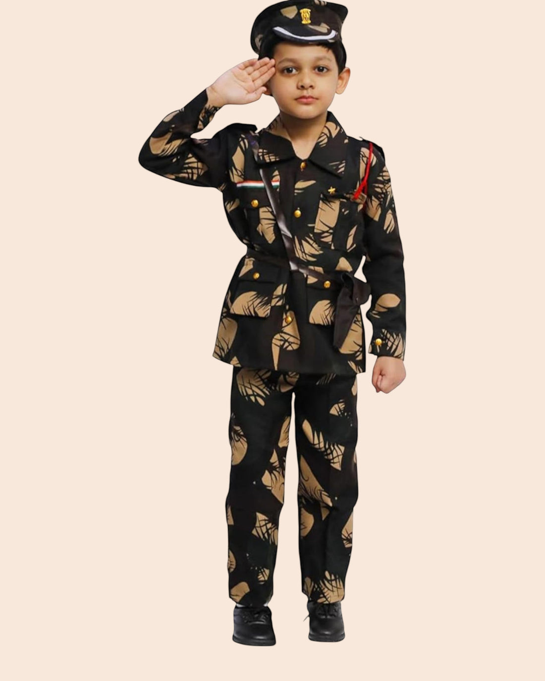 Ambika Stores kids BSF commando fancy dress costume featuring a black and tan camouflage uniform with a matching cap.