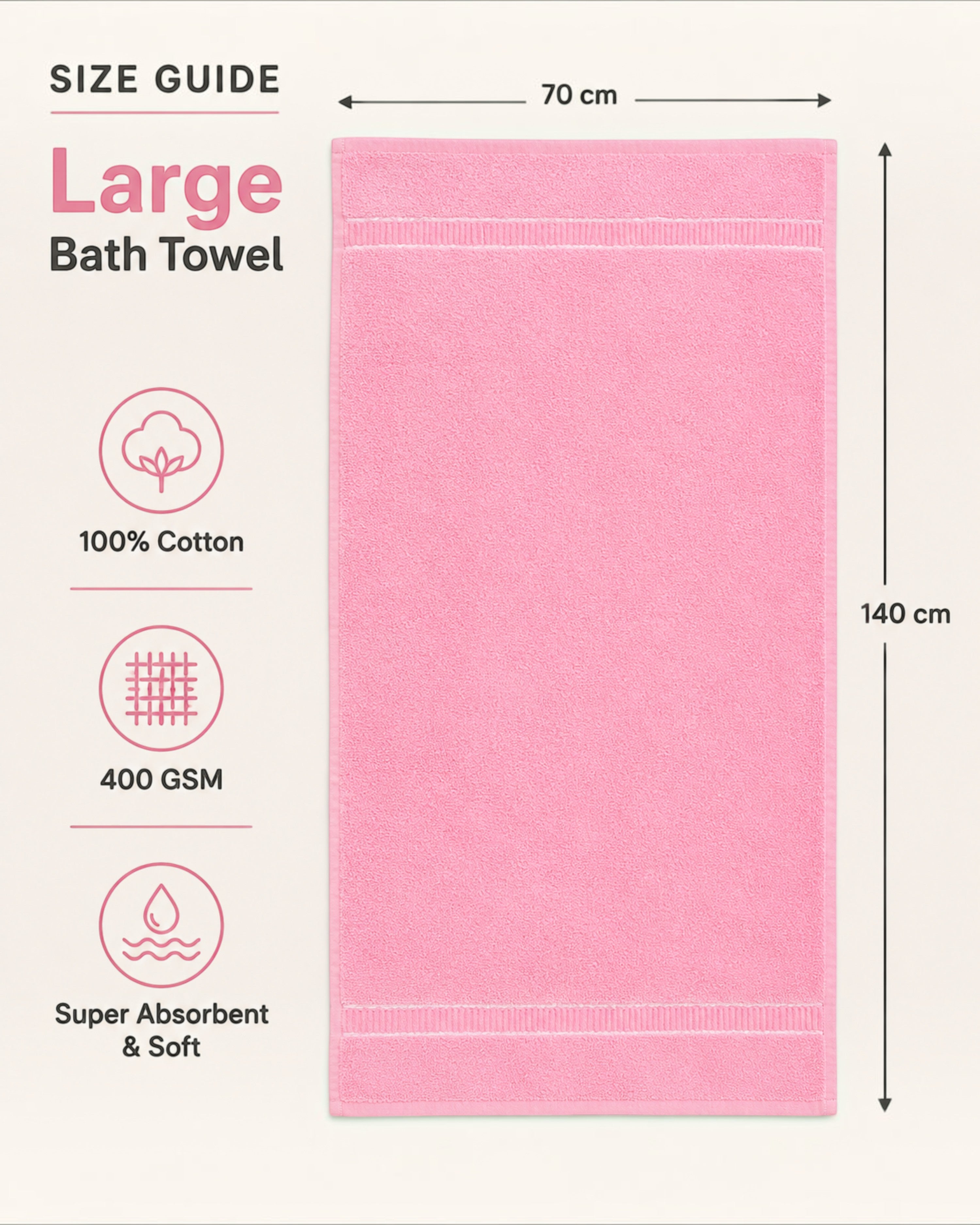 100% Cotton Large Bath Towels for Men & Women – Soft, Highly Absorbent & Quick-Dry – 70×140 cm, 400 GSM, Assorted Colours, Pack of 1, 2 or 4