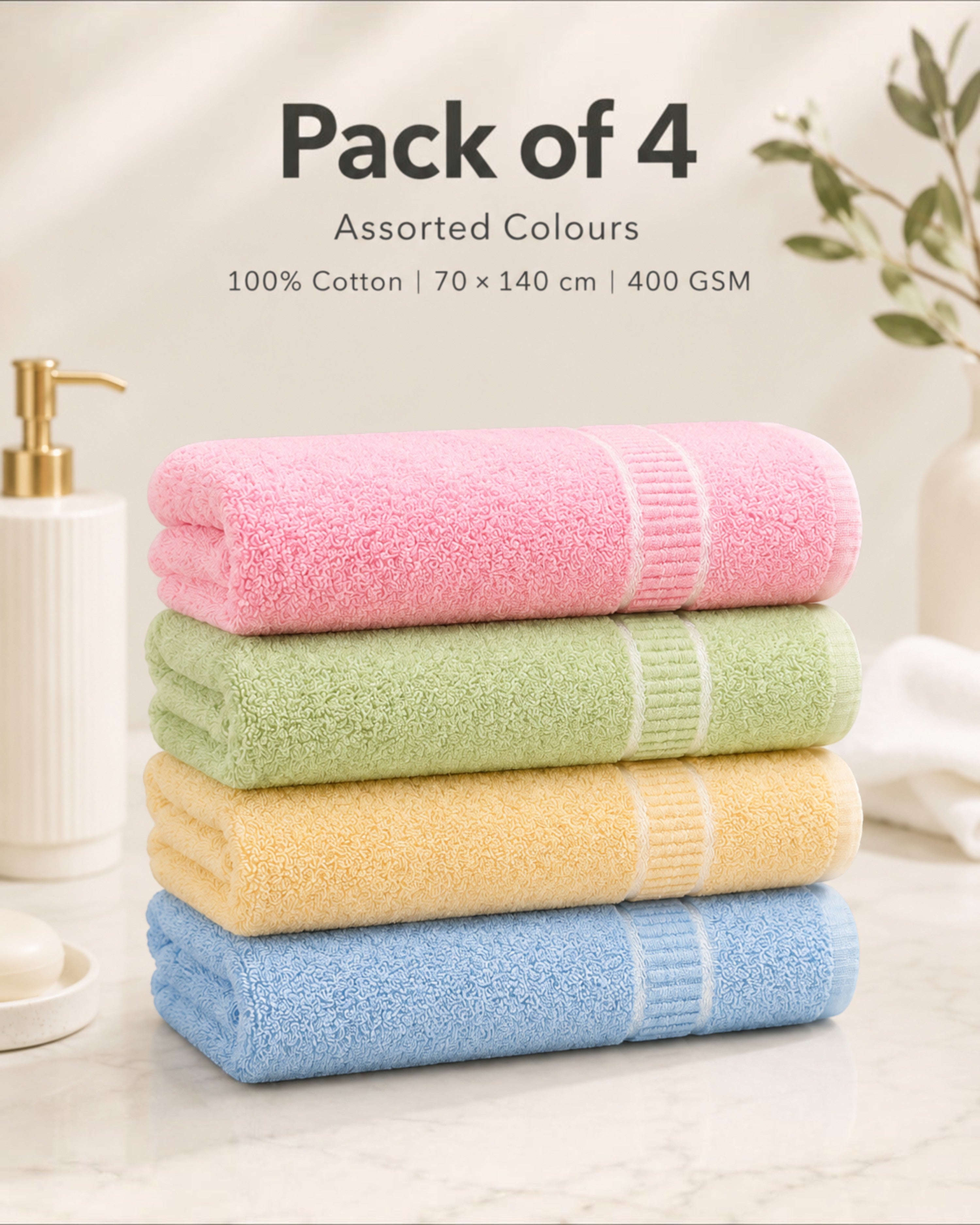 100% Cotton Large Bath Towels for Men & Women – Soft, Highly Absorbent & Quick-Dry – 70×140 cm, 400 GSM, Assorted Colours, Pack of 1, 2 or 4