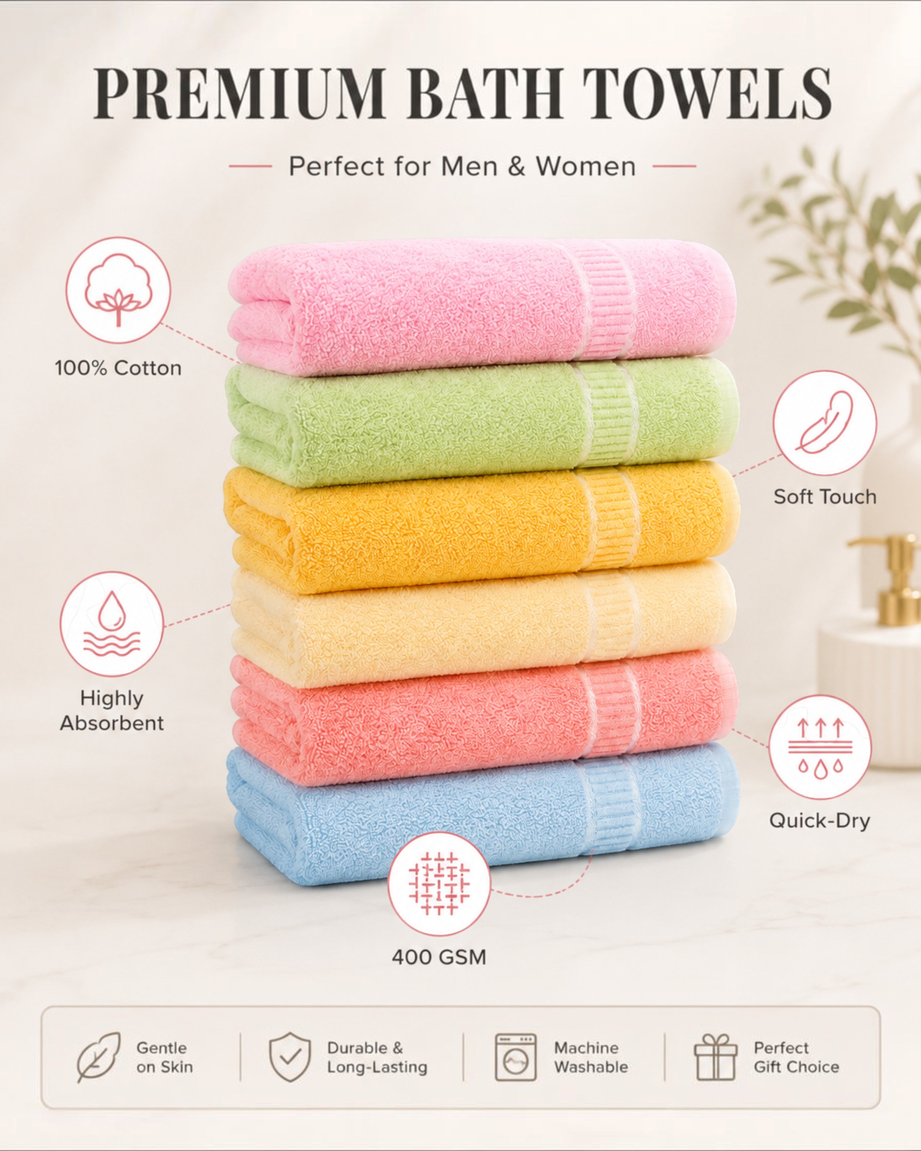 100% Cotton Large Bath Towels for Men & Women – Soft, Highly Absorbent & Quick-Dry – 70×140 cm, 400 GSM, Assorted Colours, Pack of 1, 2 or 4