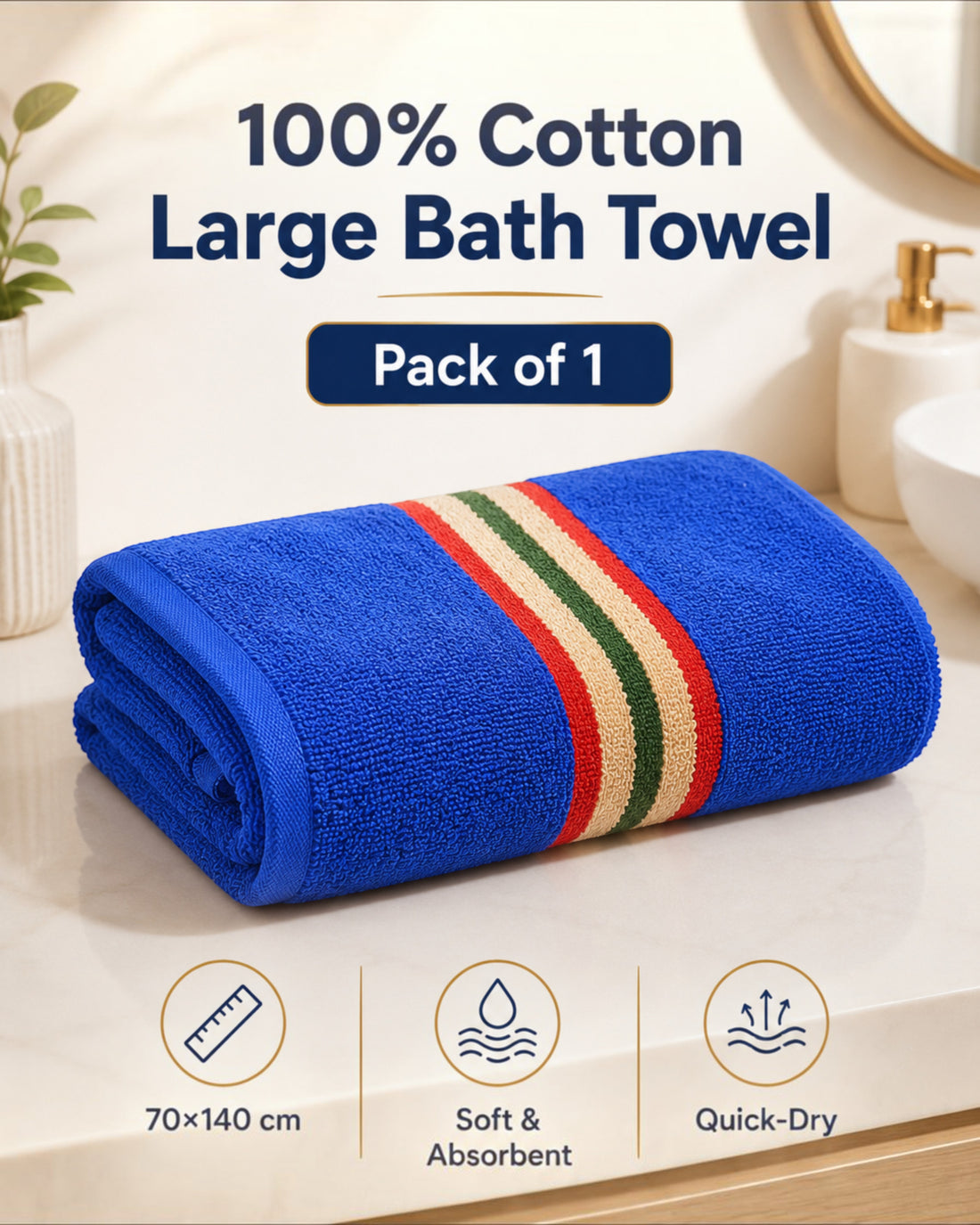 100% Cotton Large Bath Towel for Men & Women – Soft, Absorbent, Quick-Drying & Travel-Friendly – 70×140 cm