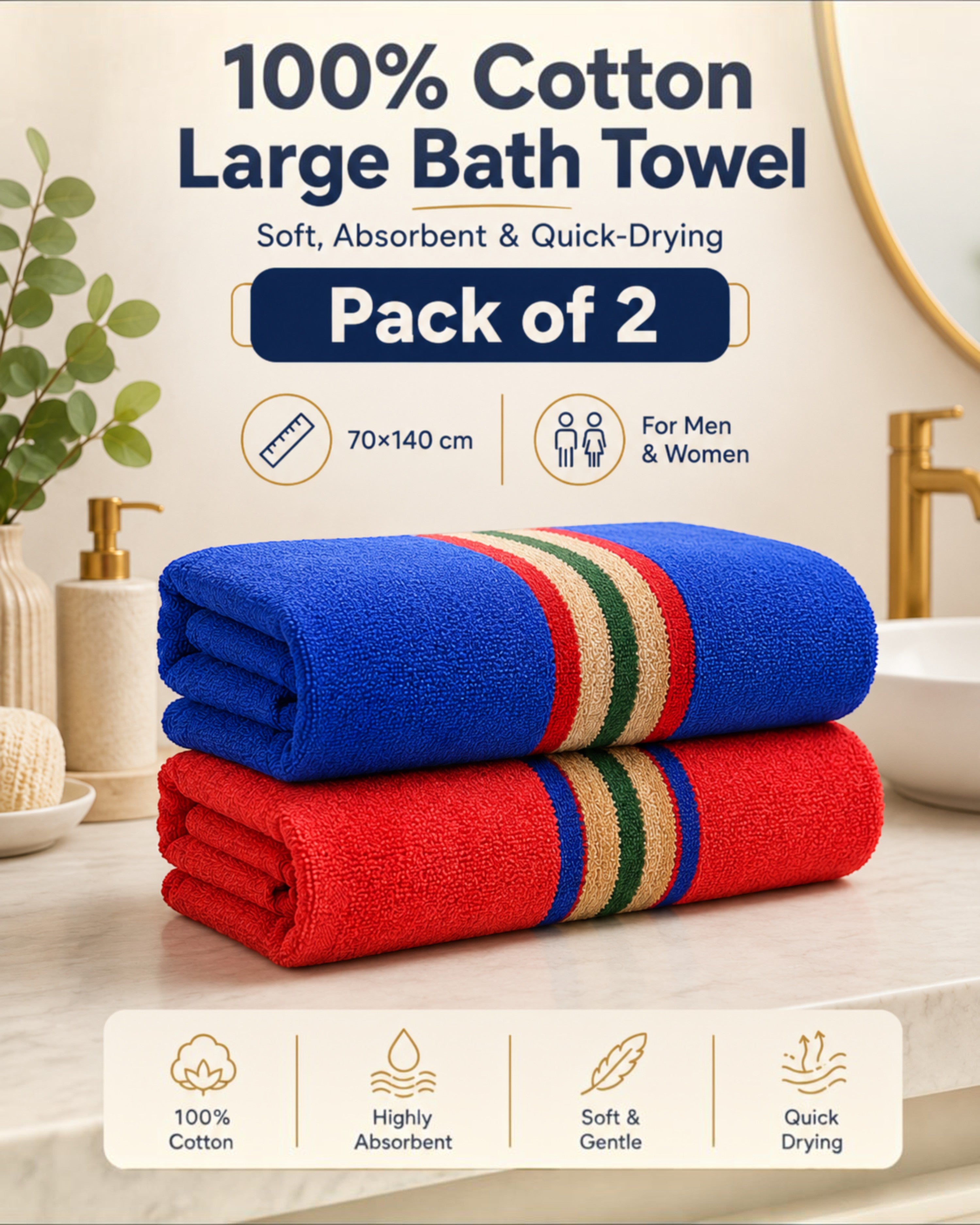 100% Cotton Large Bath Towel for Men & Women – Soft, Absorbent, Quick-Drying & Travel-Friendly – 70×140 cm, Assorted Colours, Pack of 1, 2 or 4