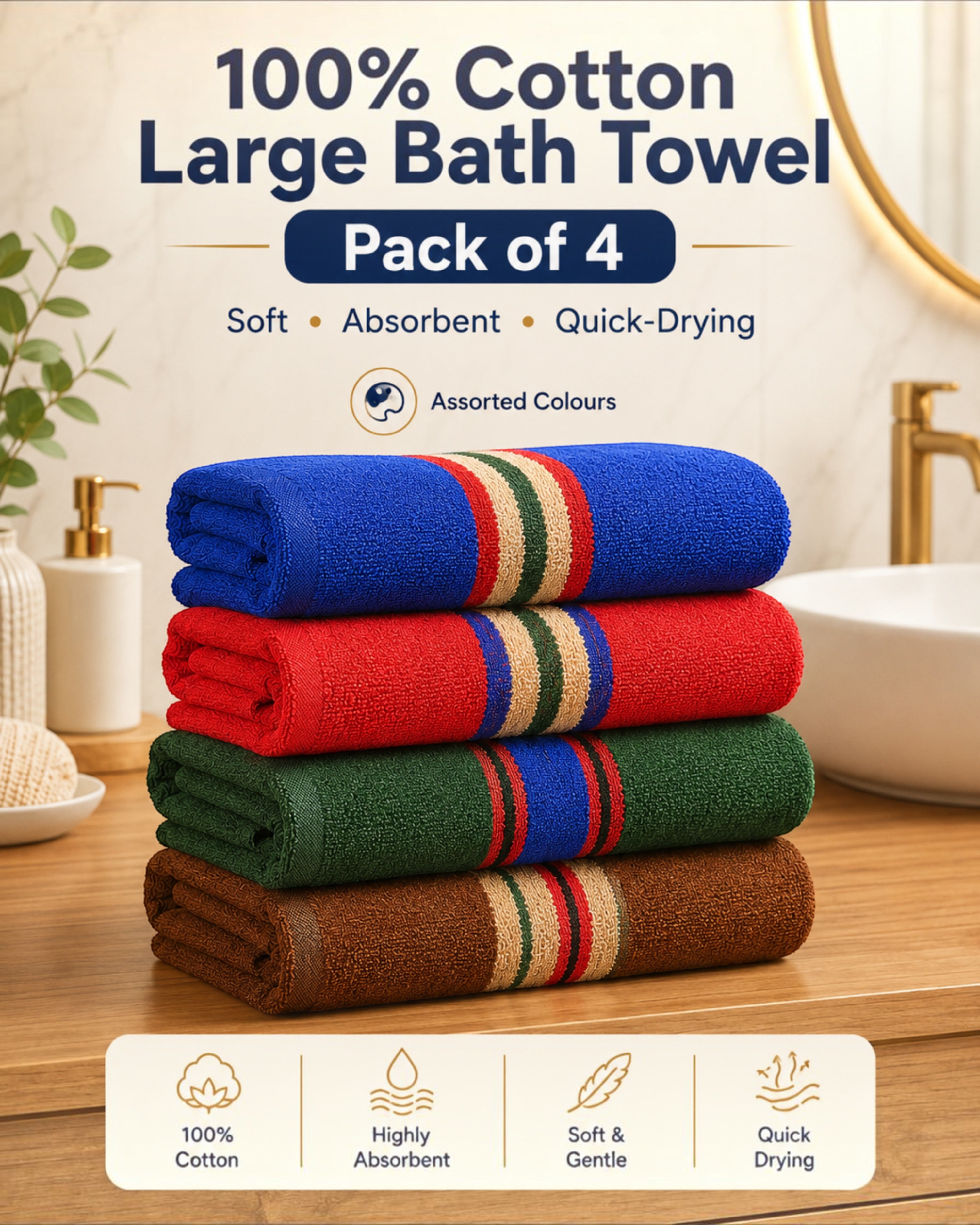 100% Cotton Large Bath Towel for Men & Women – Soft, Absorbent, Quick-Drying & Travel-Friendly – 70×140 cm, Assorted Colours, Pack of 1, 2 or 4