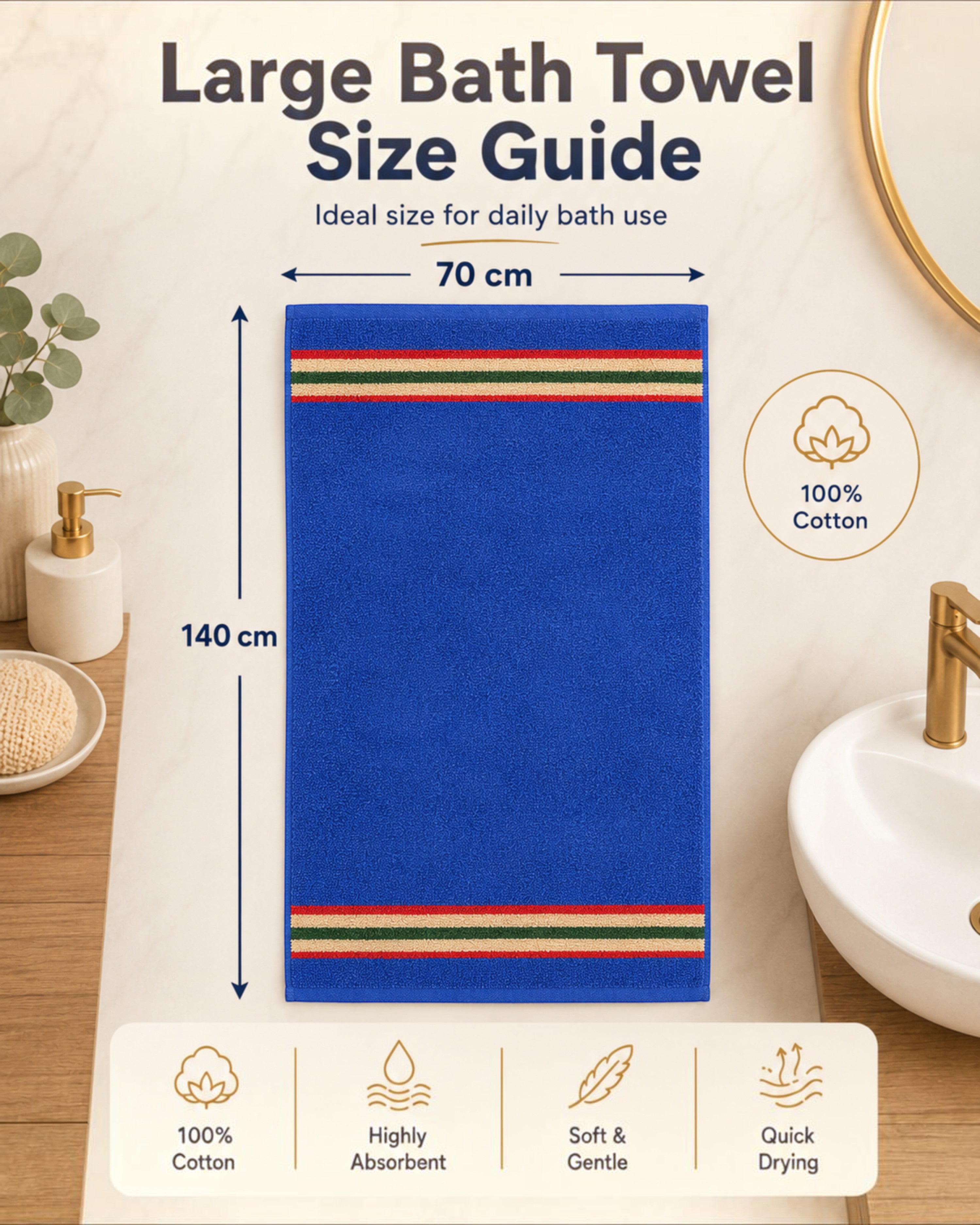 100% Cotton Large Bath Towel for Men & Women – Soft, Absorbent, Quick-Drying & Travel-Friendly – 70×140 cm, Assorted Colours, Pack of 1, 2 or 4