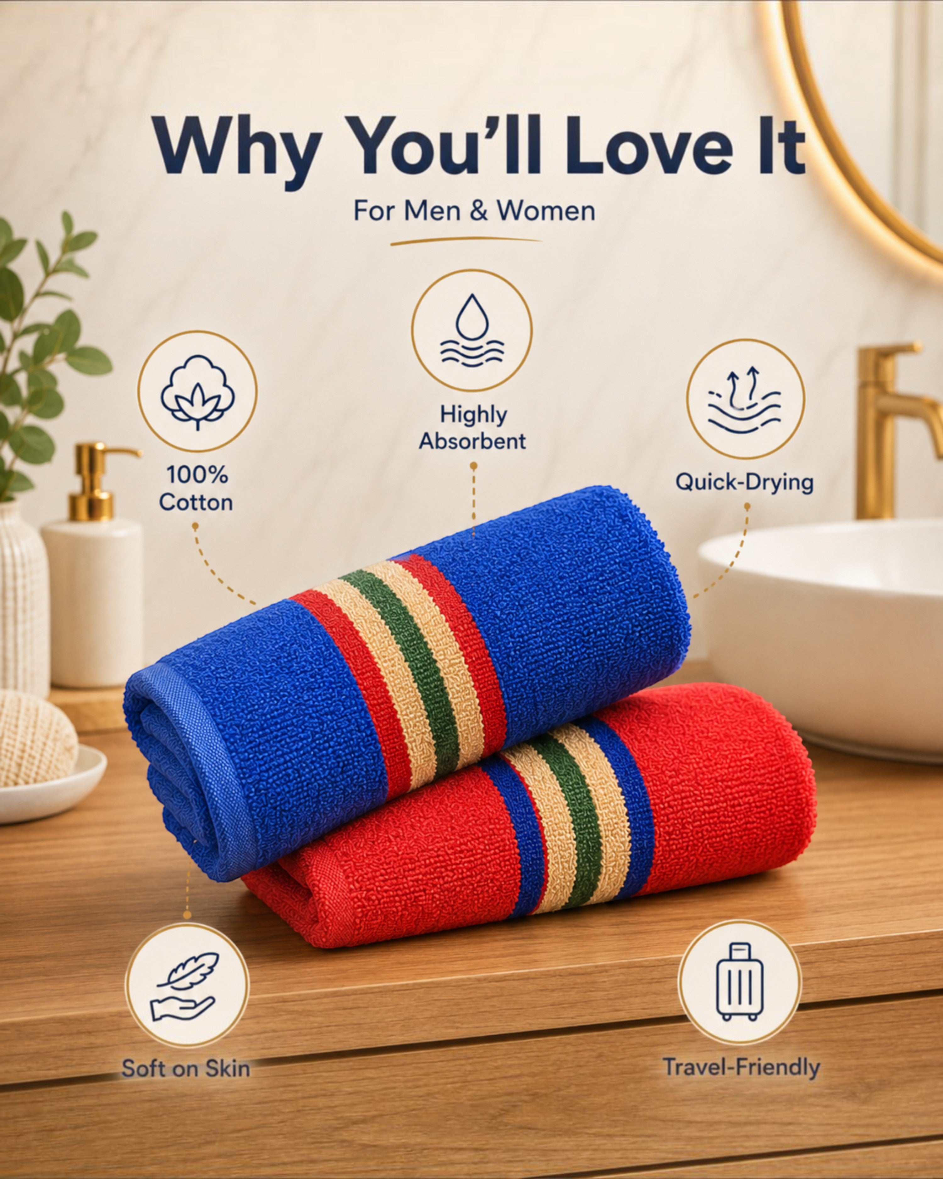 100% Cotton Large Bath Towel for Men & Women – Soft, Absorbent, Quick-Drying & Travel-Friendly – 70×140 cm, Assorted Colours, Pack of 1, 2 or 4