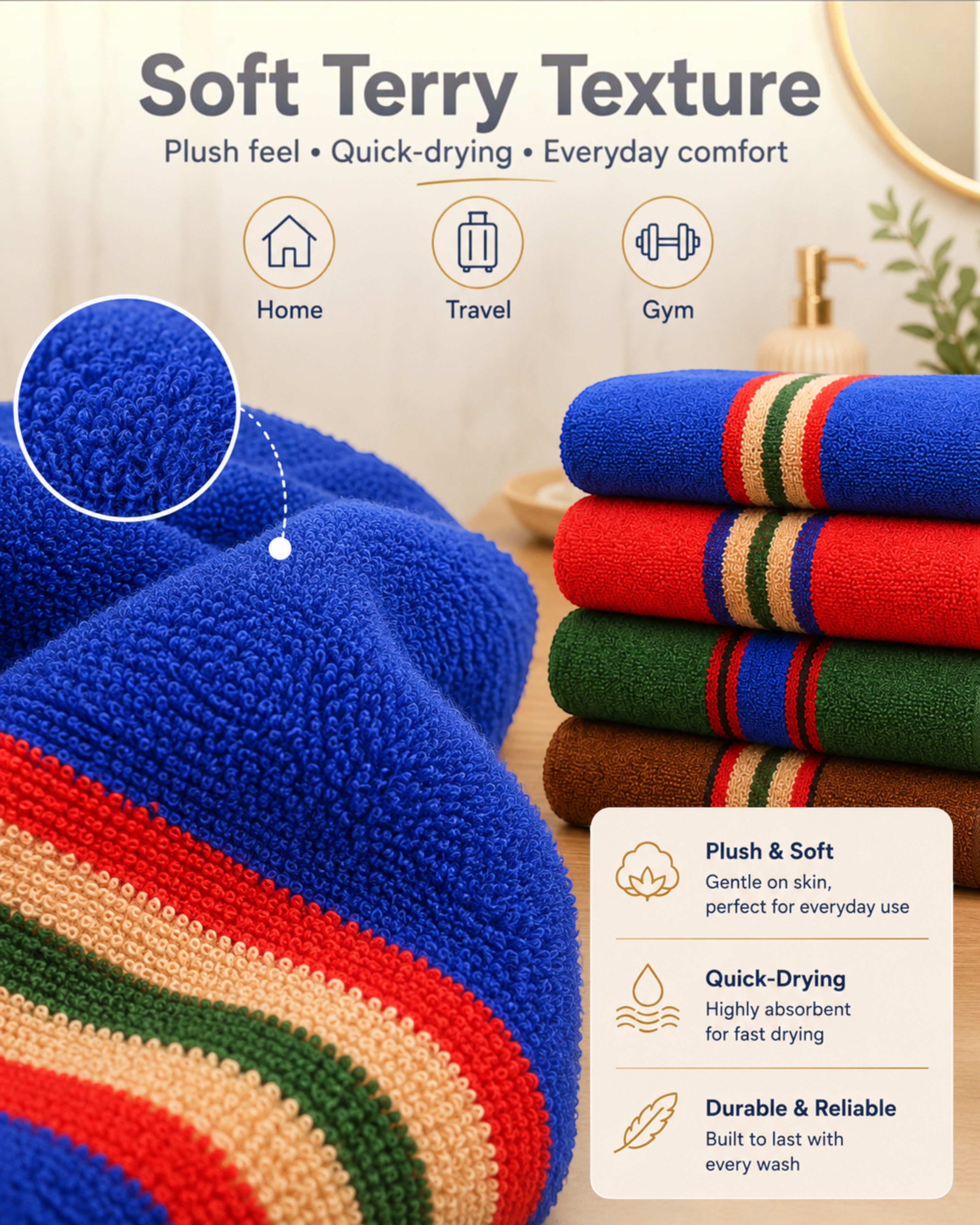100% Cotton Large Bath Towel for Men & Women – Soft, Absorbent, Quick-Drying & Travel-Friendly – 70×140 cm, Assorted Colours, Pack of 1, 2 or 4