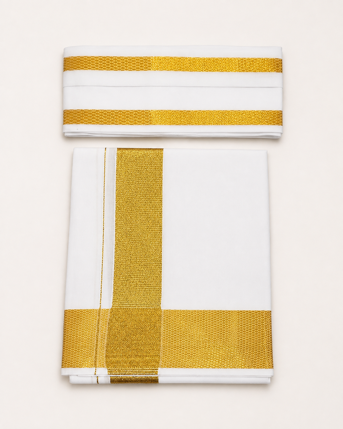 Men's Traditional White Cotton Dhoti with Big Gold Zari Border & 1.8 Metre Angavastram – Single Veshti Set, 2 Metres, Free Size