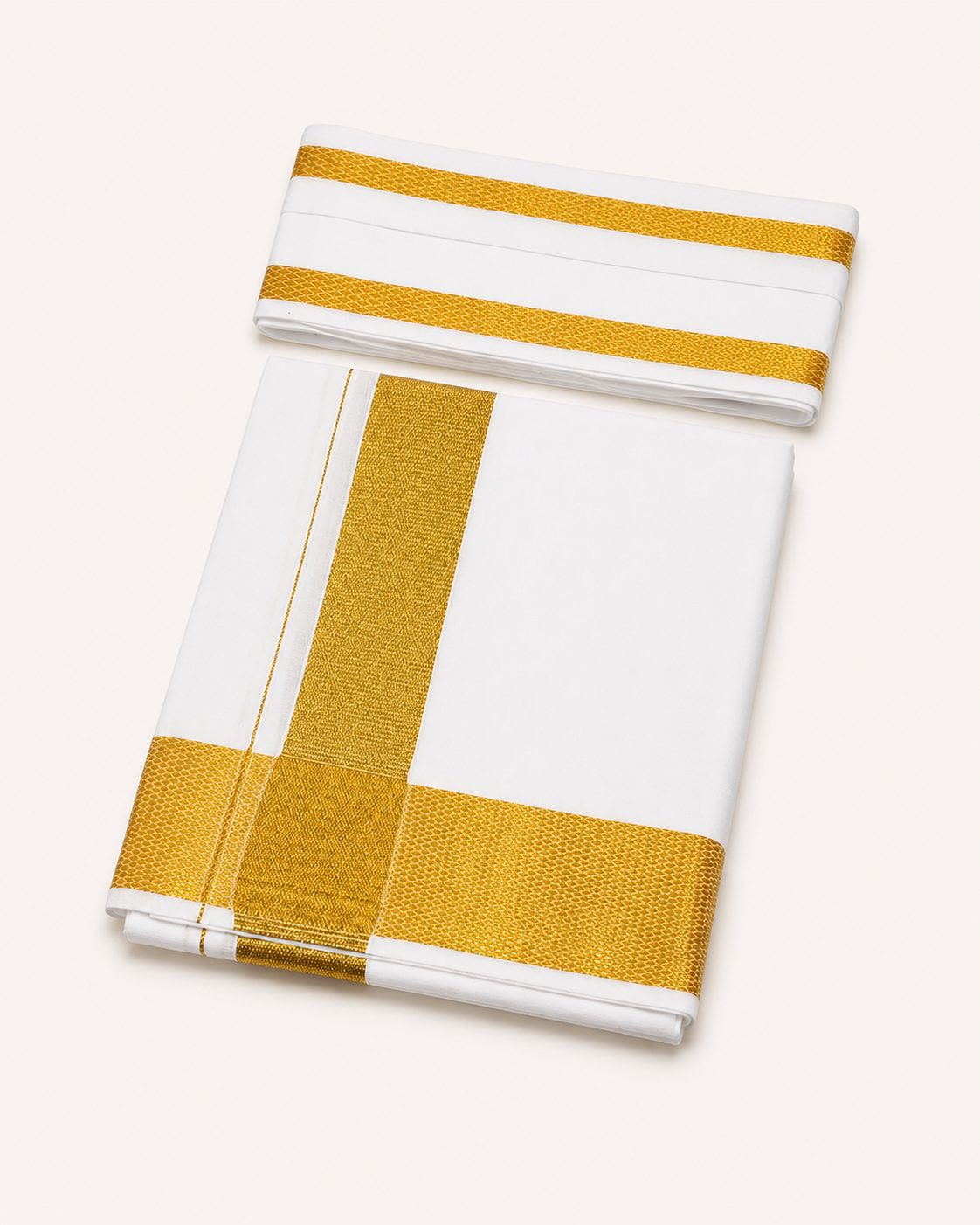 Men's Traditional White Cotton Dhoti with Big Gold Zari Border & 1.8 Metre Angavastram – Single Veshti Set, 2 Metres, Free Size