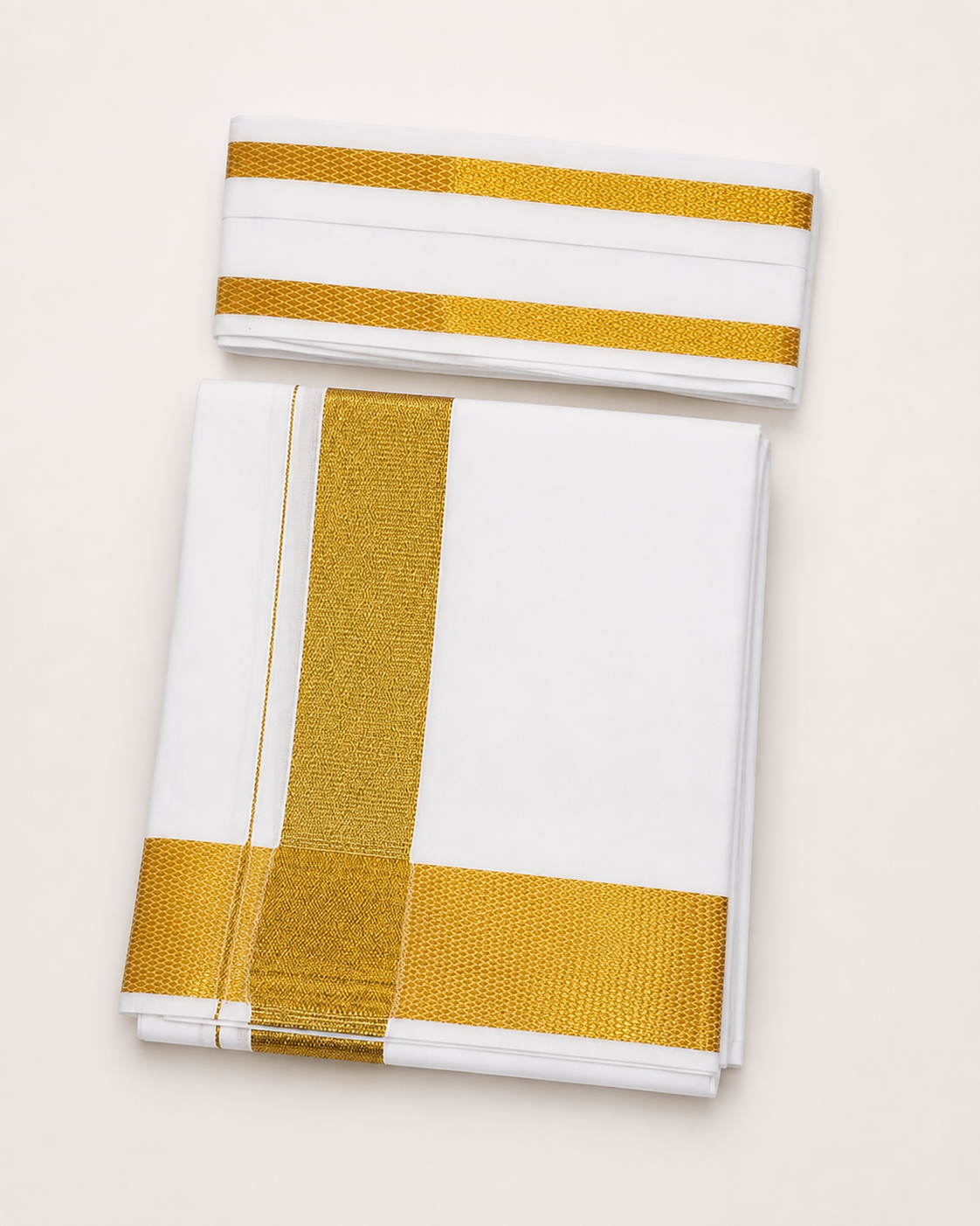 Men's Traditional White Cotton Dhoti with Big Gold Zari Border & 1.8 Metre Angavastram – Single Veshti Set, 2 Metres, Free Size