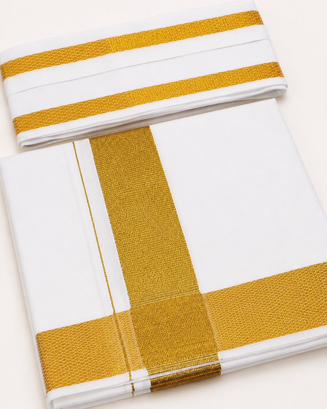 Men's Traditional White Cotton Dhoti with Big Gold Zari Border & 1.8 Metre Angavastram – Single Veshti Set, 2 Metres, Free Size