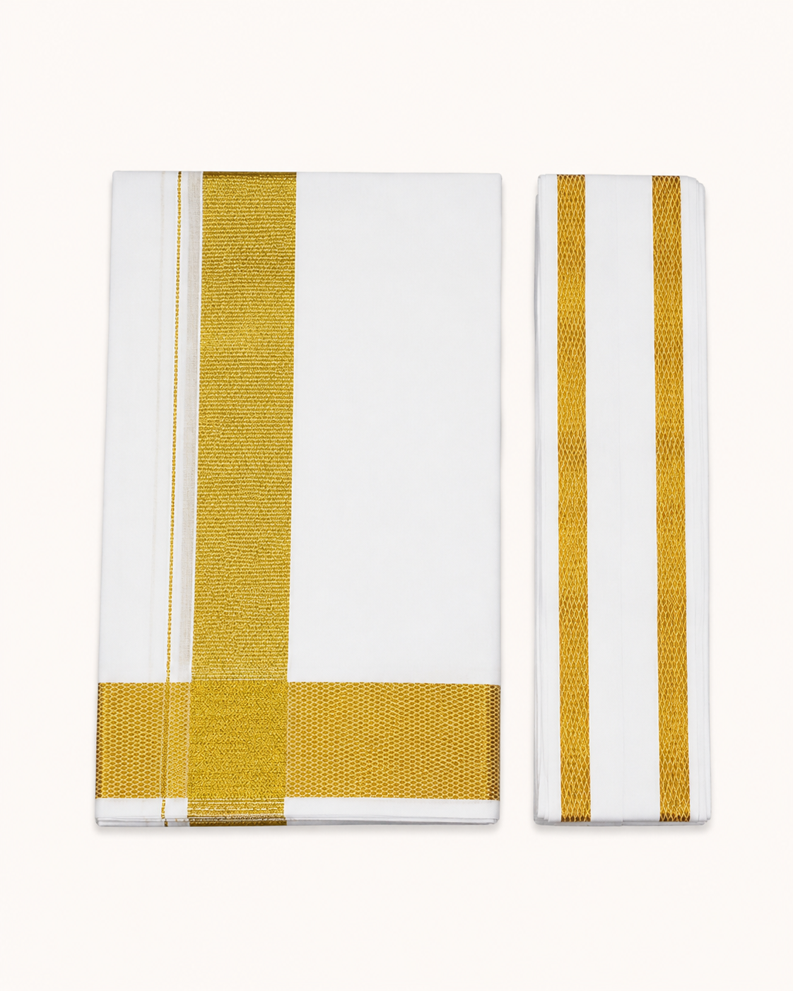 Men's Traditional White Cotton Dhoti with Big Gold Zari Border & 1.8 Metre Angavastram – Single Veshti Set, 2 Metres, Free Size