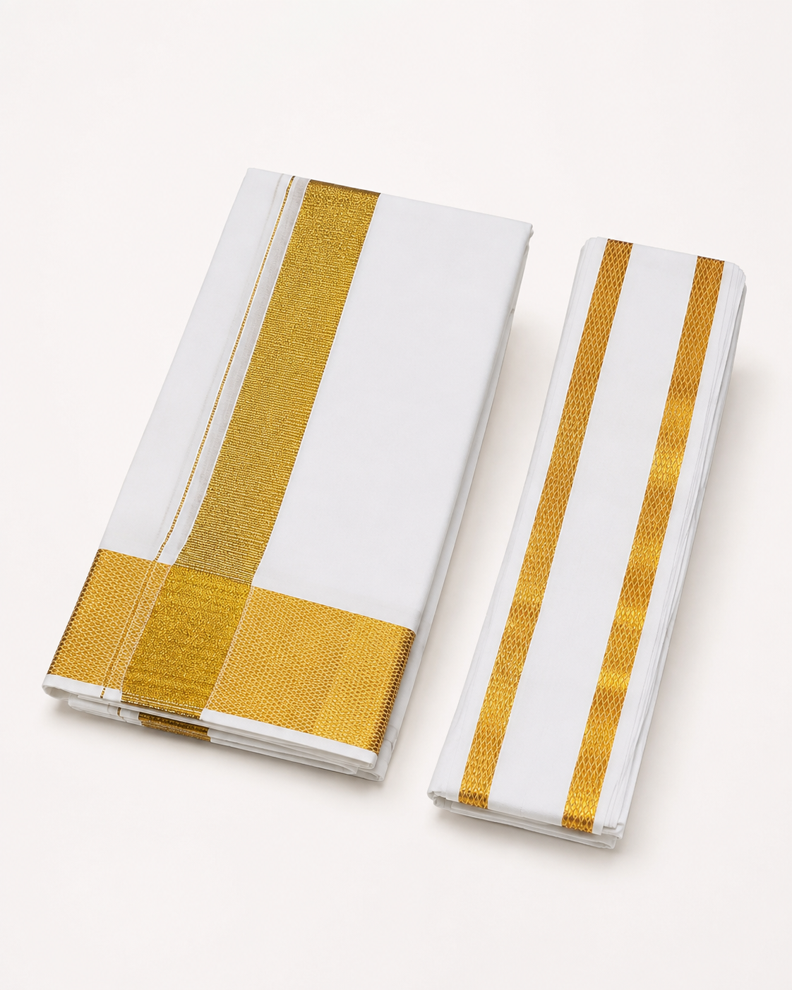 Men's Traditional White Cotton Dhoti with Big Gold Zari Border & 1.8 Metre Angavastram – Single Veshti Set, 2 Metres, Free Size