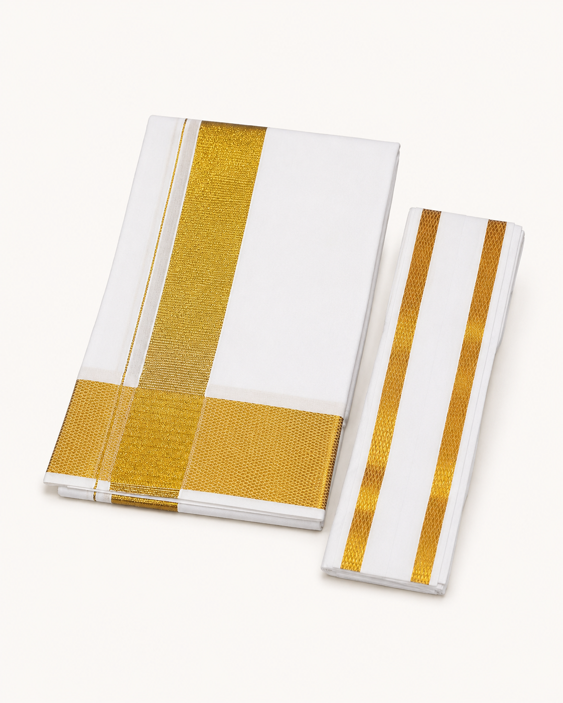 Men's Traditional White Cotton Dhoti with Big Gold Zari Border & 1.8 Metre Angavastram – Single Veshti Set, 2 Metres, Free Size