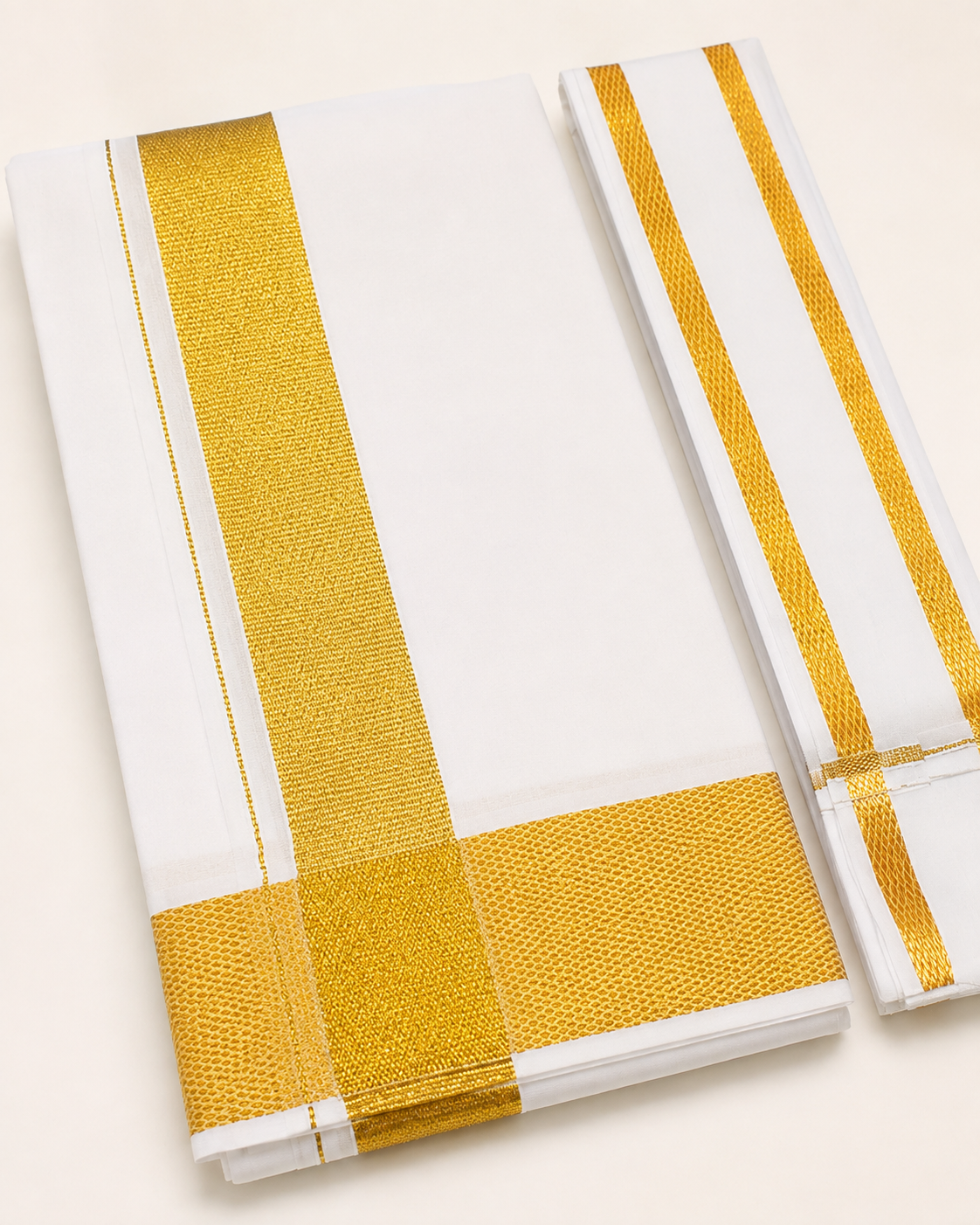 Men's Traditional White Cotton Dhoti with Big Gold Zari Border & 1.8 Metre Angavastram – Single Veshti Set, 2 Metres, Free Size