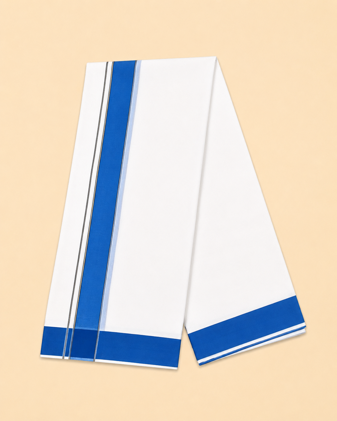 Men's Traditional Cotton Panchakacham 10×6 Dhoti & Angavastram Set – White with Royal Blue Cotton Border | 4.5 m Dhoti + 2.7 m Angavastram
