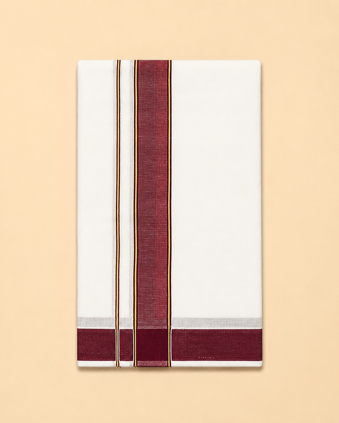 Men's Traditional Cotton Panchakacham 10×6 Dhoti & Angavastram Set – White with Maroon Cotton Border | 4.5 m Dhoti + 2.7 m Angavastram