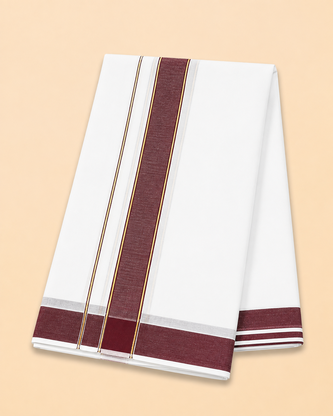 Men’s White Panchakacham 9×5 with Maroon Border – Dhoti & Angavastram Set