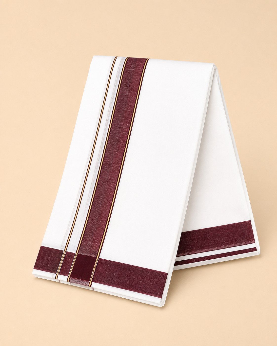 Men's Traditional Cotton Panchakacham 10×6 Dhoti & Angavastram Set – White with Maroon Cotton Border | 4.5 m Dhoti + 2.7 m Angavastram